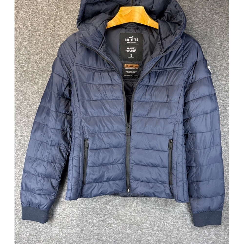 Hollister Puffer Jacket Womens S Navy Blue Hooded Thermore Vegan Quilted Coat